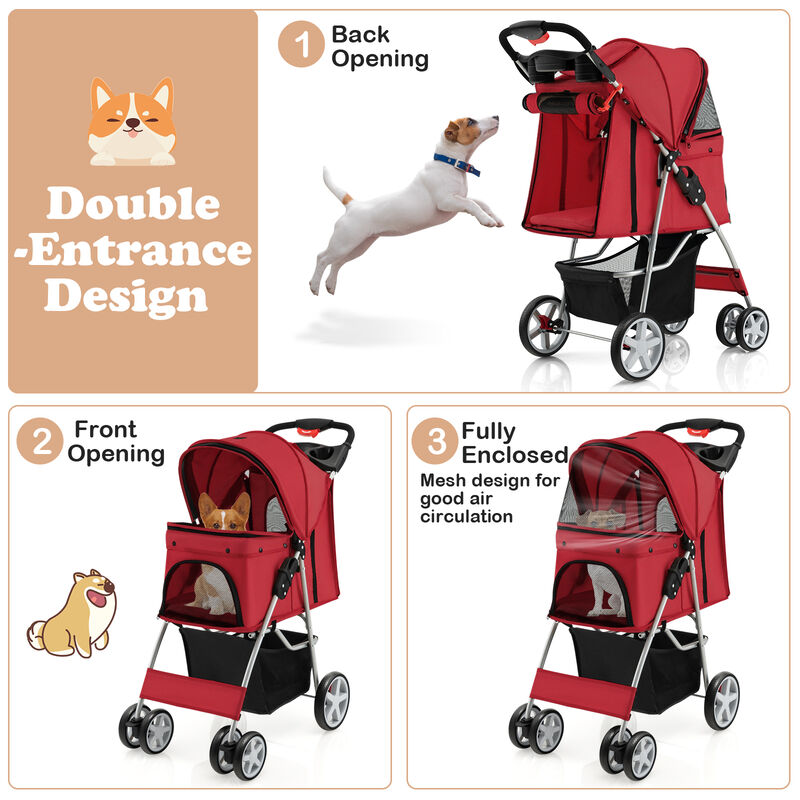 Folding Pet Stroller with Storage Basket and Adjustable Canopy-Gray