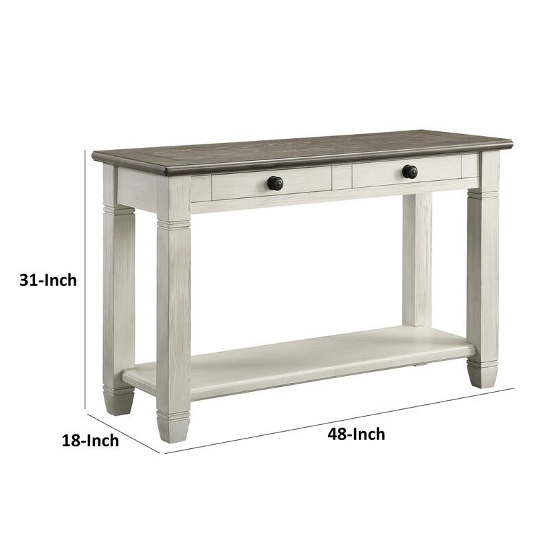 Rome 48 Inch Sofa Table, Rectangular, 2 Drawers, White, Brown, Solid Wood - Benzara