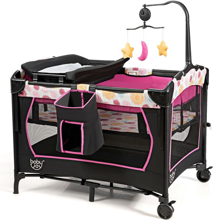 3-in-1 Convertible Portable Baby Playard with Music Box and Wheel and Brakes