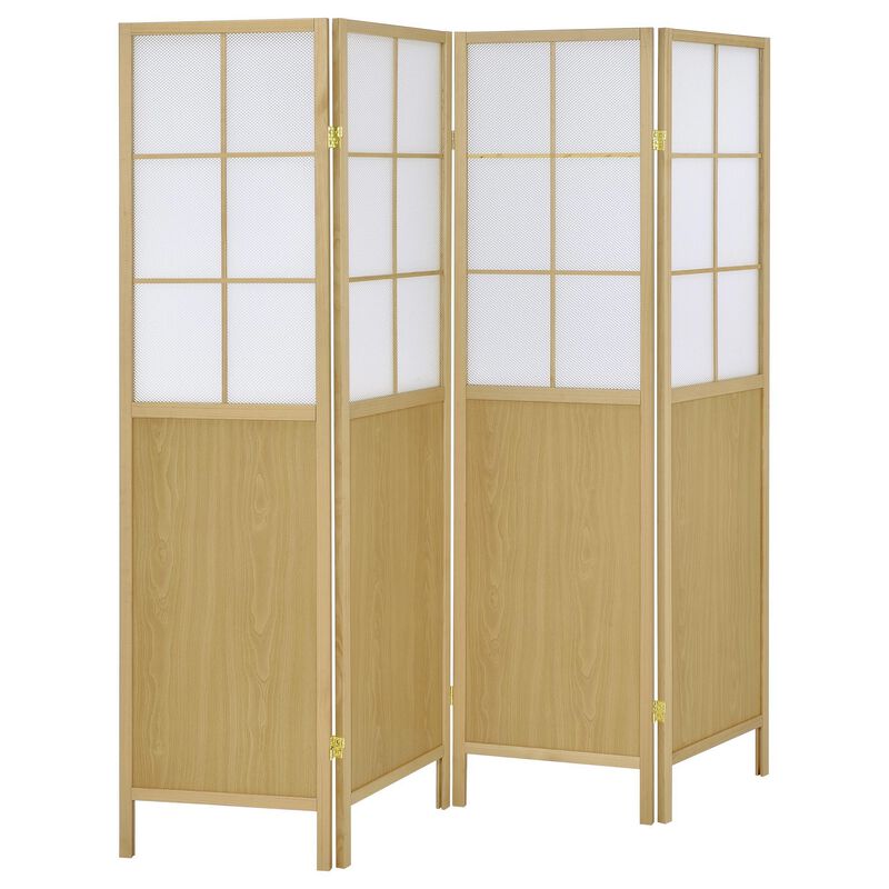 4 Panel Screen Room Divider, Foldable Design, Natural Brown 70 Inch - Benzara