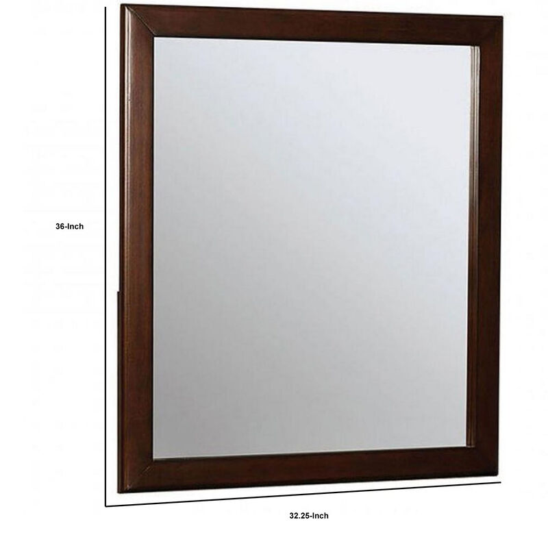 32 Inch Transitional Style Wooden Frame Mirror, Cherry-Benzara
