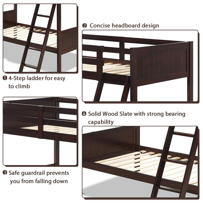Wooden Twin Over Twin Bunk Bed Frames with Ladder and Safety Rail