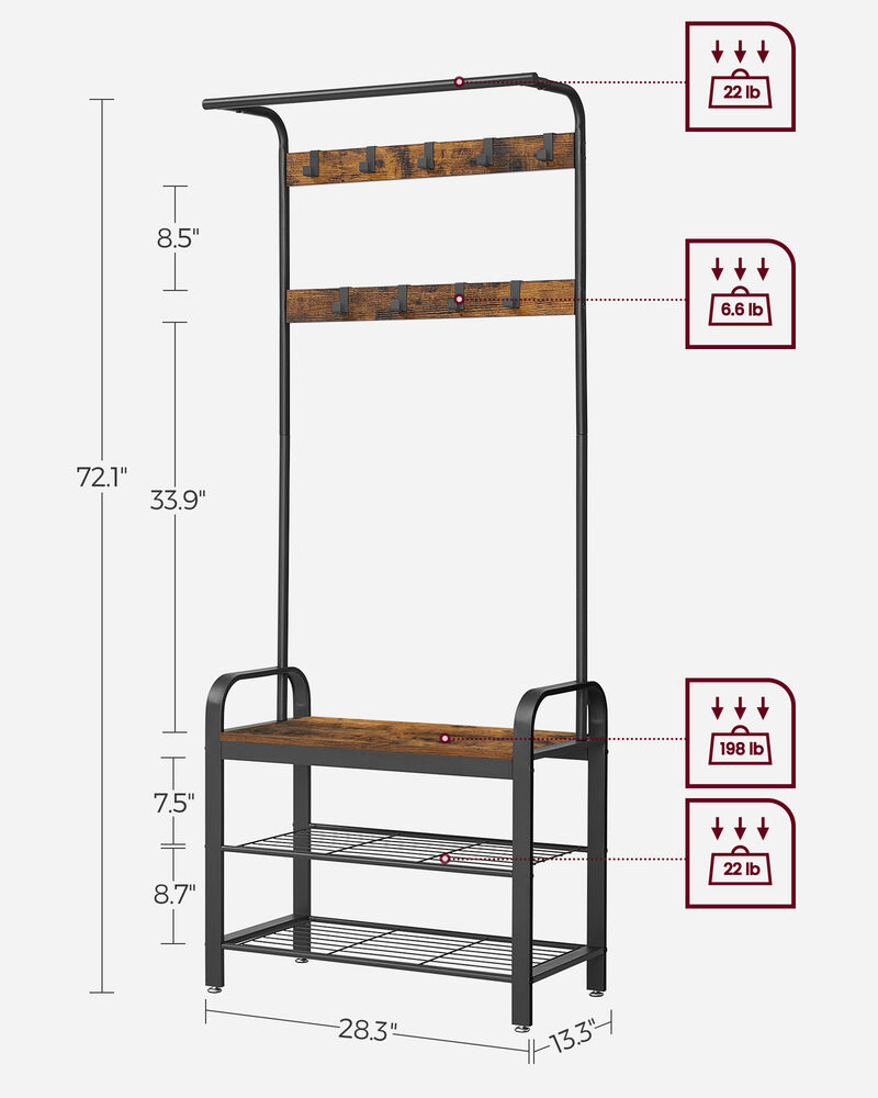 Hall Tree Coat Rack and Shoe Bench with Wood Accent and Metal Frame