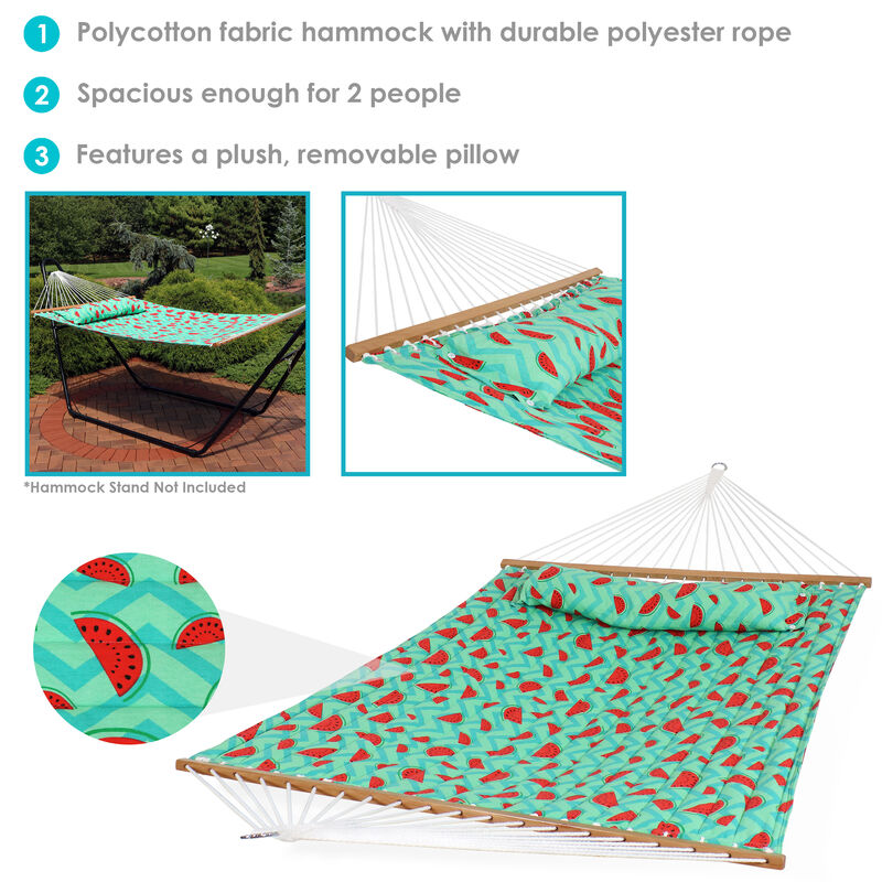 Sunnydaze Large Quilted Hammock with Spreader Bar and Pillow - Watermelon