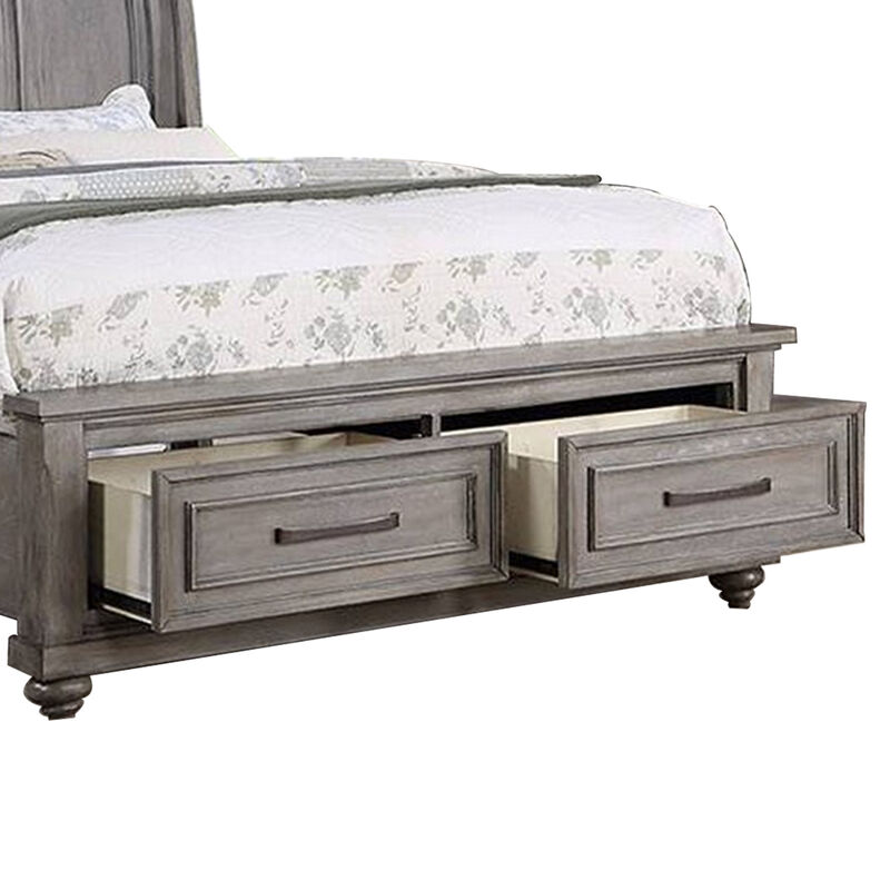 Demi California King Bed, Sleigh Headboard, Storage Drawers, Oak Gray Wood - Benzara