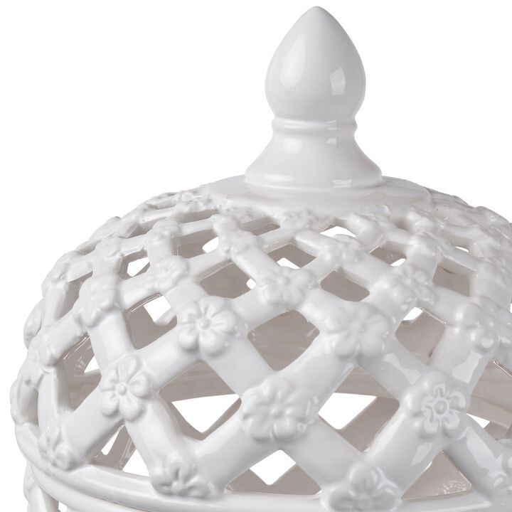 Decorative Ceramic Lidded Jar with Cut Out Texture, Large, White - Benzara