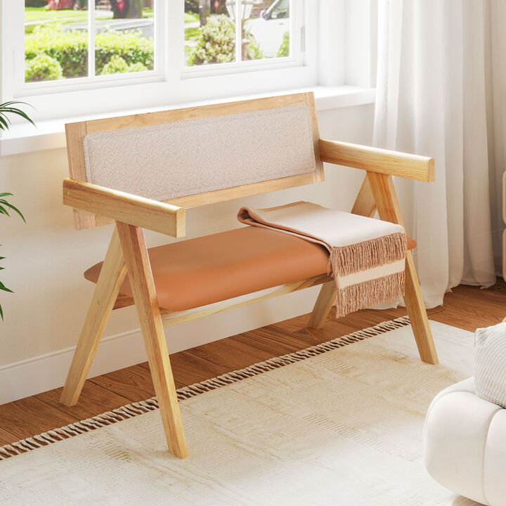 Rubber Wood Dining Bench with Armrest Sherpa Upholstered Backrest and Soft-padded Seat