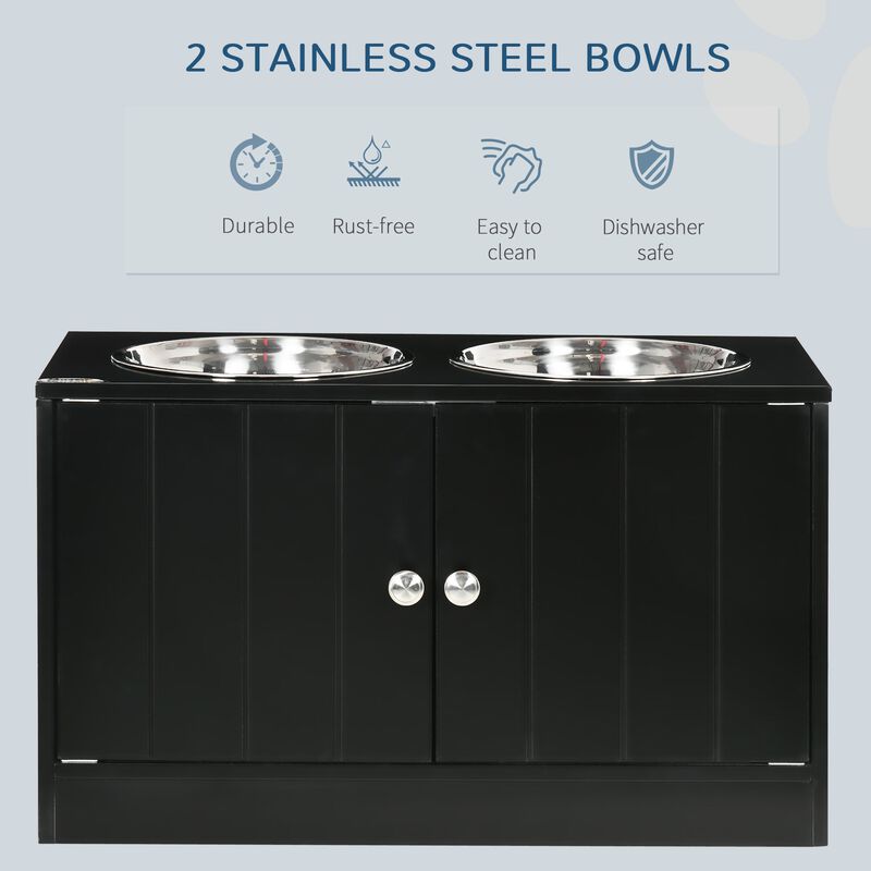 Black Dog Feeder: 23.5" x 12" x 14" Elevated Bowls with Stand, Storage for Large Dogs