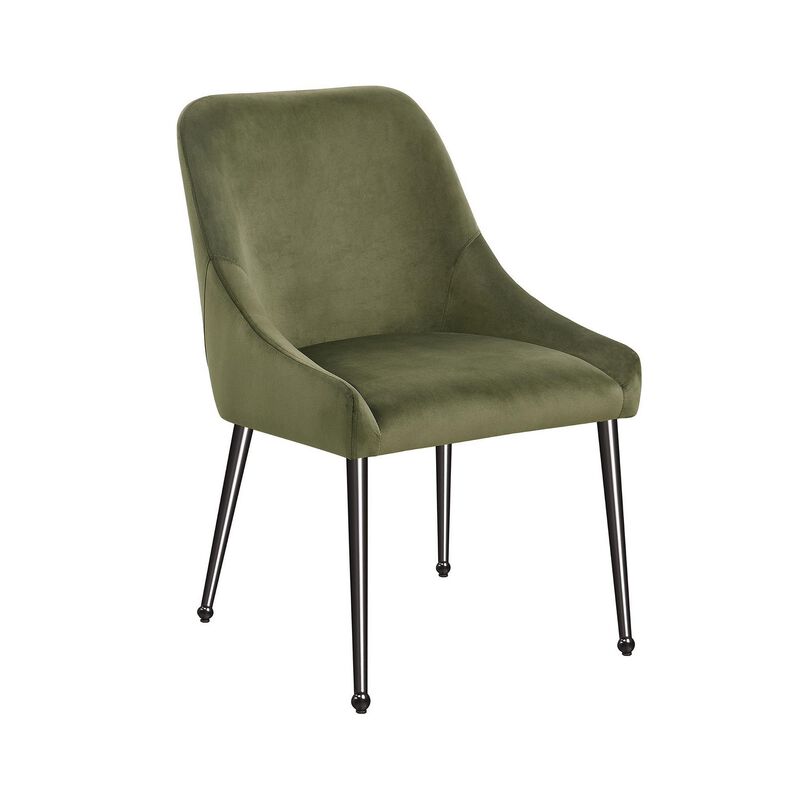 Maya Dining Side Chair Set of 2, Slope Arms, Black Metal, Green Velvet - Benzara