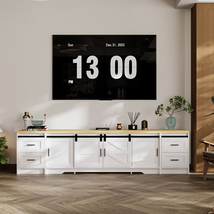 FUFU&GAGA Barn Door Style TV Cabinet with 4 Drawers and 2 Cabinets (94.5" W x 15.7" D x 23.6" H),White & Natural Wood