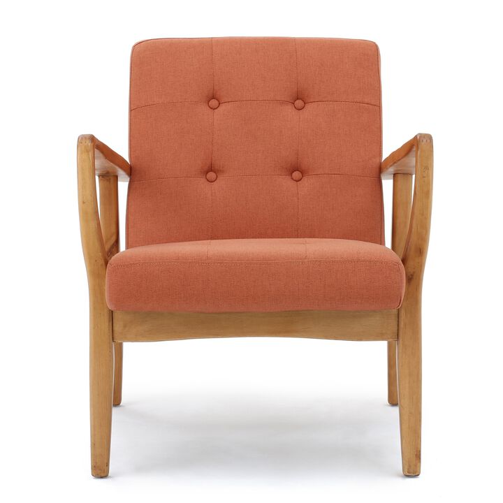 Mimi Accent Chair, Orange Fabric, Button Tufted Backrest, Light Brown Wood - Benzara