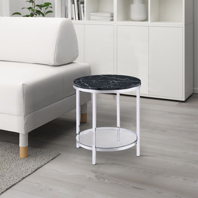 End Table with Round Faux Marble Top and Glass Shelf, Black-Benzara