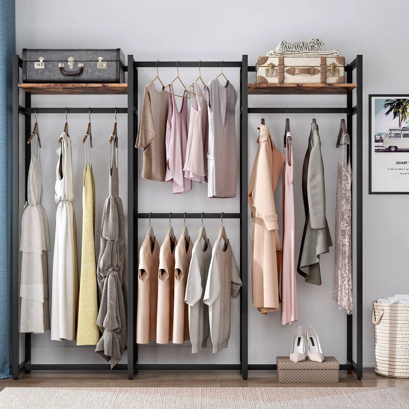 Metal Garment Rack with 4 Rods & 2 Wood Shelves Durable Clothing Storage Organizer