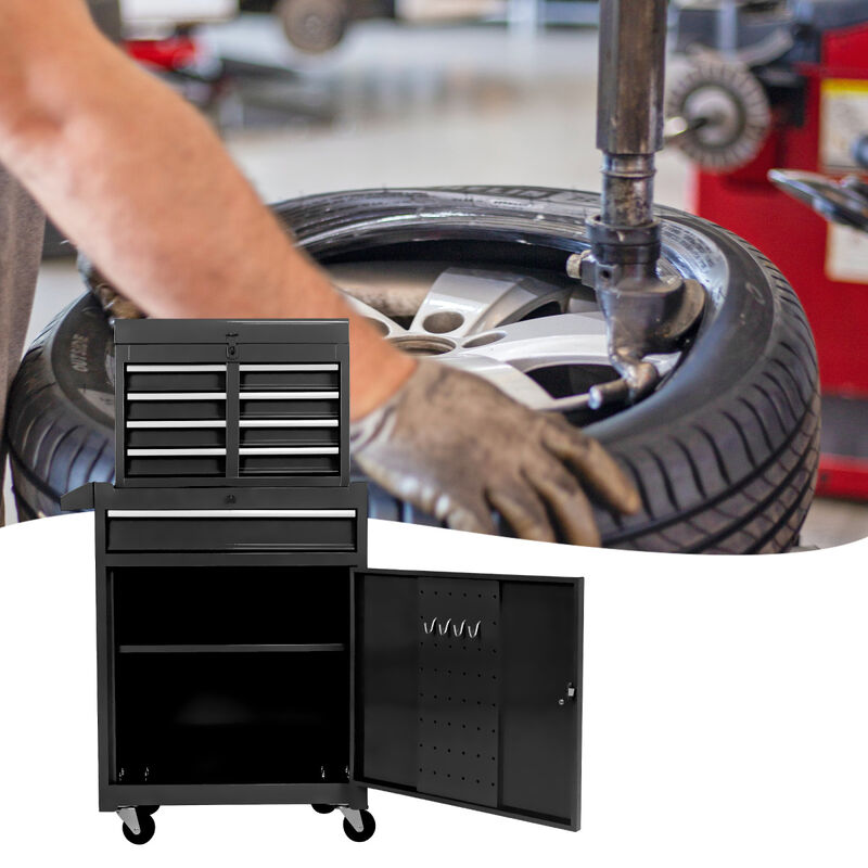 Detachable 5 Drawer Tool Chest With Bottom Cabinet And One Adjustable Shelf-Black