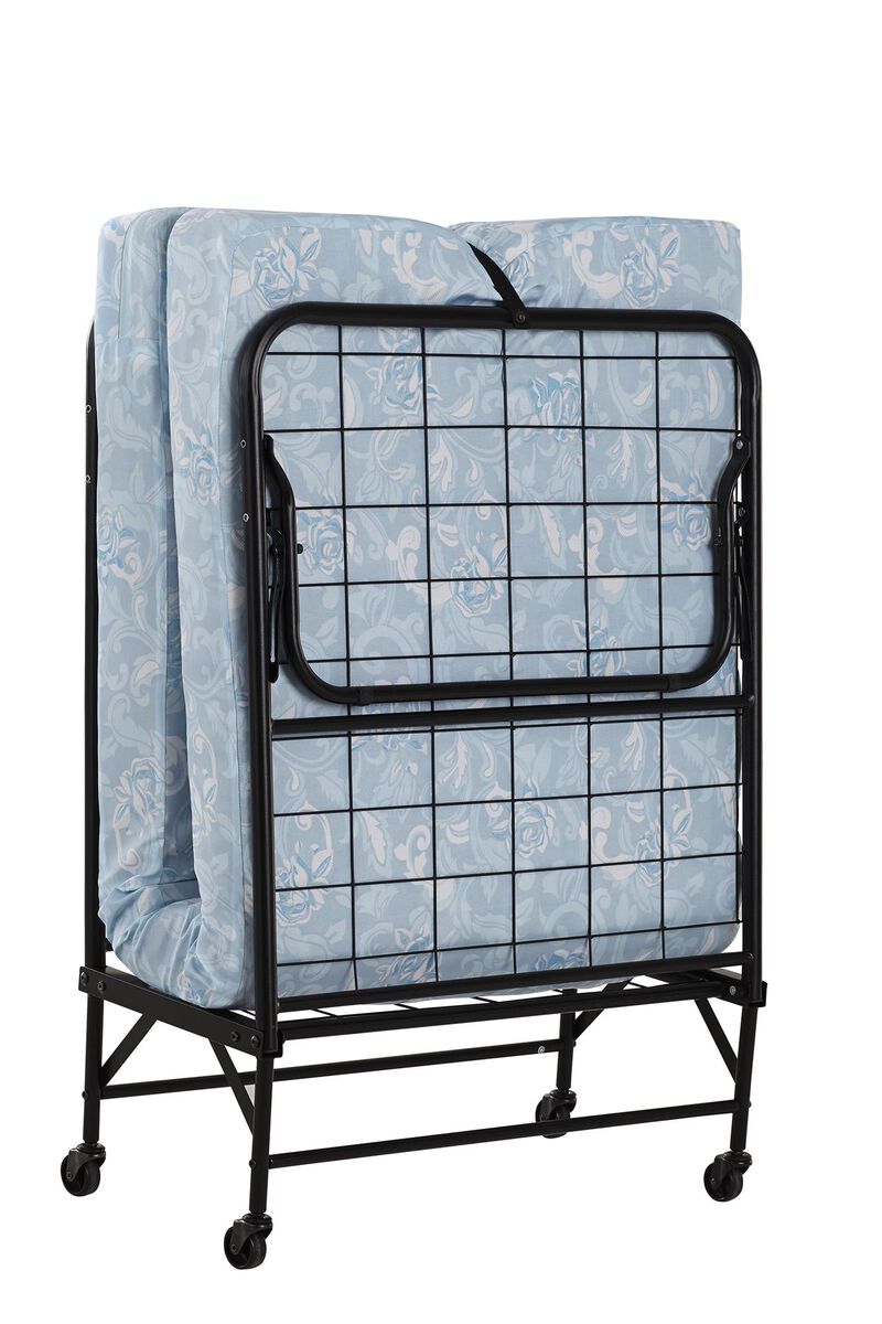 Barry Folding Black Guest Bed with 4 Inch Blue Floral Mattress