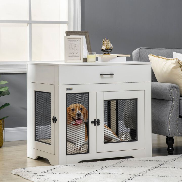 White Pet Furniture: Stylish Dog Crate End Table with Cushion & Drawer