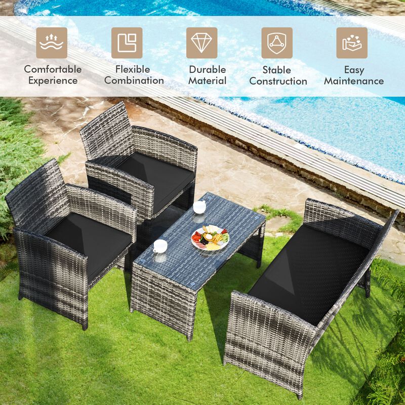 4 Pcs Patio Rattan Furniture Set Top Sofa With Glass Table