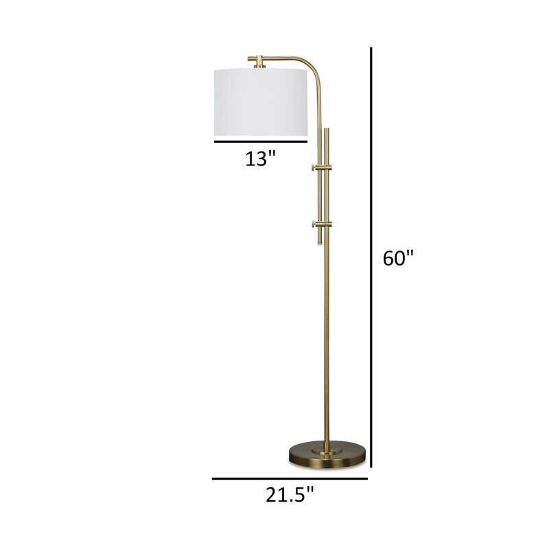 Rhys 60 Inch Floor Lamp, Adjustable Arm, White Drum Shade Round Brass Metal - Benzara