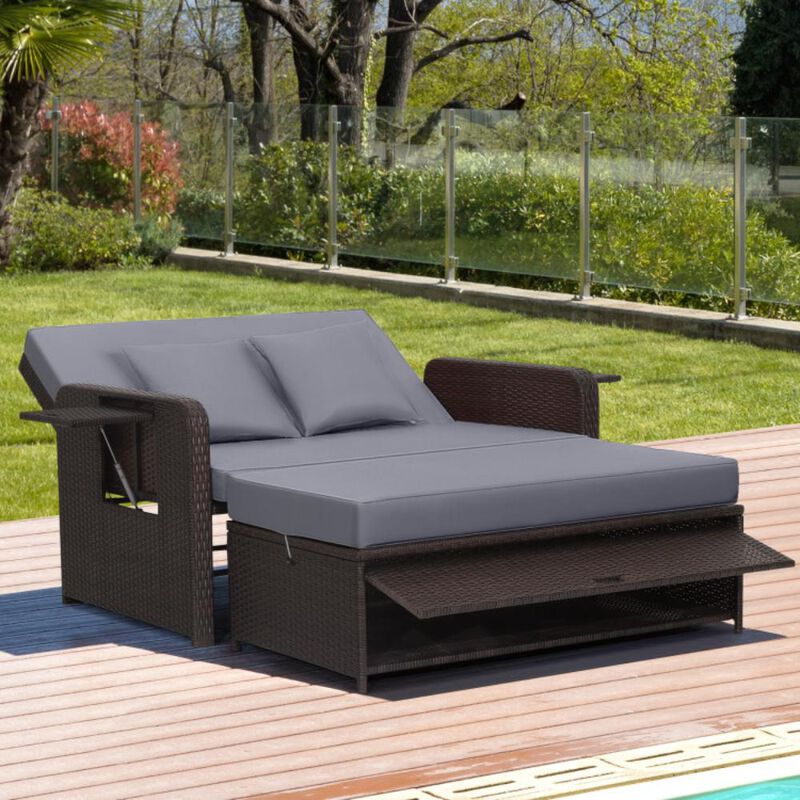 Hivvago Patio Rattan Daybed with 4-Level Adjustable Backrest and Retractable Side Tray
