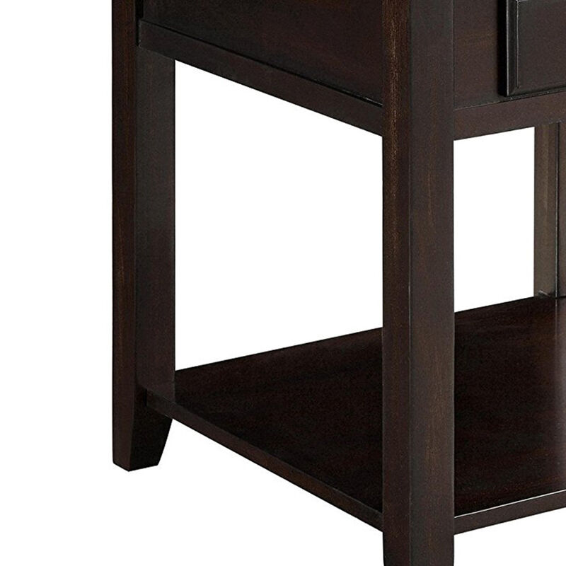 Wooden End Table With Drawer and Bottom Shelf, Walnut Brown-Benzara