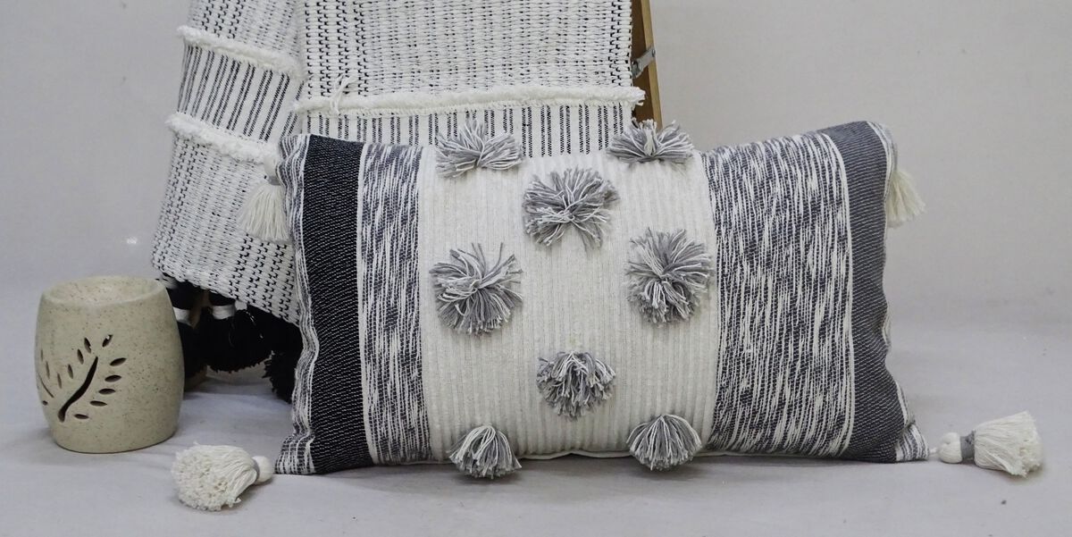 14"x24" Melange Striped Throw Pillow for Livingroom with Large Poms and Tassels