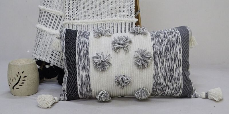 14"x24" Melange Striped Throw Pillow for Livingroom with Large Poms and Tassels