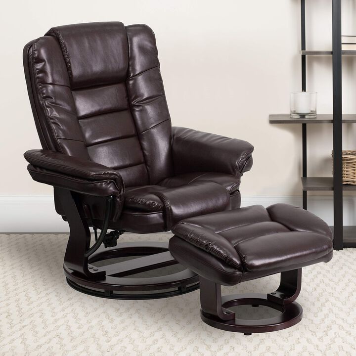 Flash Furniture Bali Contemporary Multi-Position Recliner with Horizontal Stitching and Ottoman with Swivel Mahogany Wood Base in Brown LeatherSoft