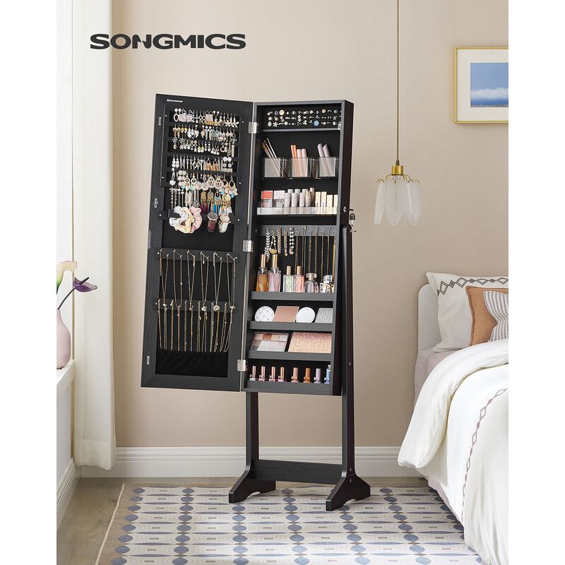 Mirror Jewelry Armoire with Lock, Freestanding Design, and 2 Plastic Cosmetic Storage Compartments