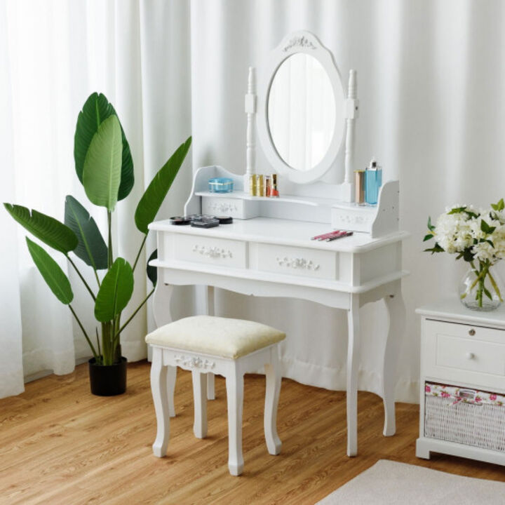 Vanity Makeup Table Set with Cushioned Stool and Rotatable Mirror