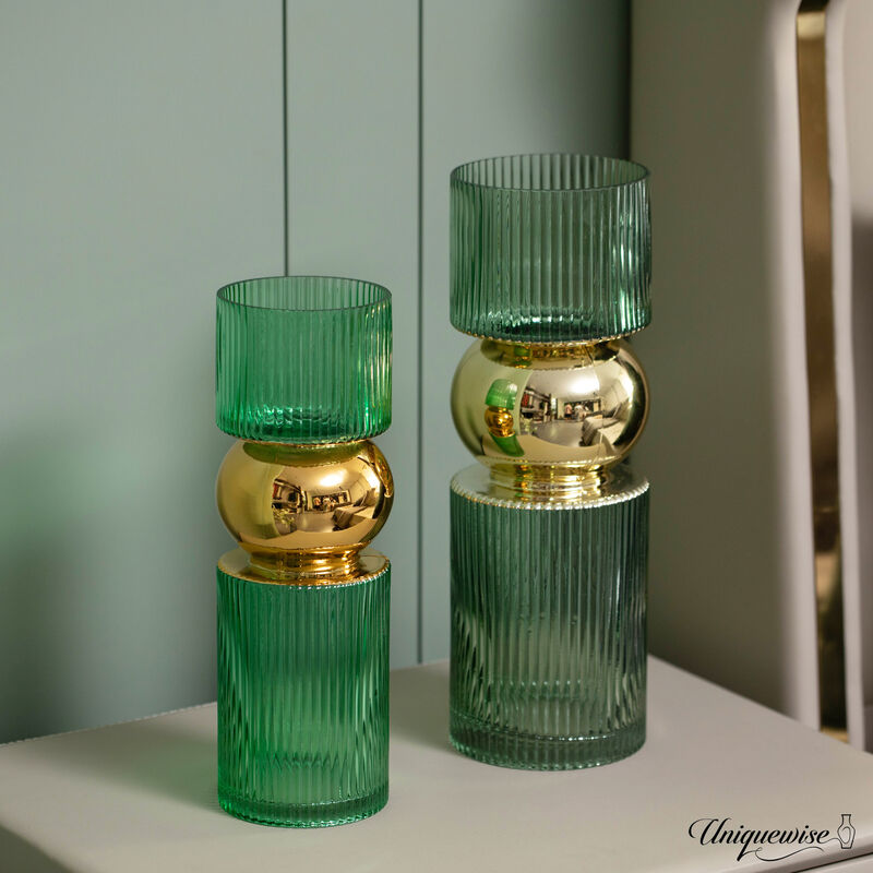 Set of 2 Decorative Green Glass Vases