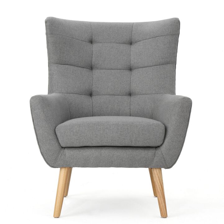 Ranie Accent Club Chair, Rubberwood Legs, Gray Button Tufted Polyester - Benzara