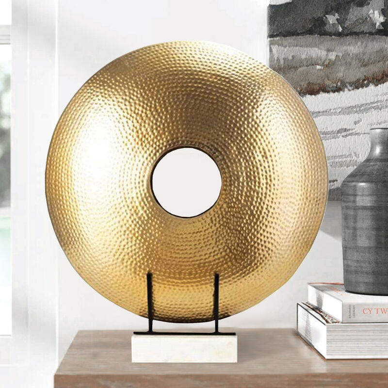 22 Inch Round Statuette, Tabletop Decor, Gold Disk, White Marble Base - Benzara