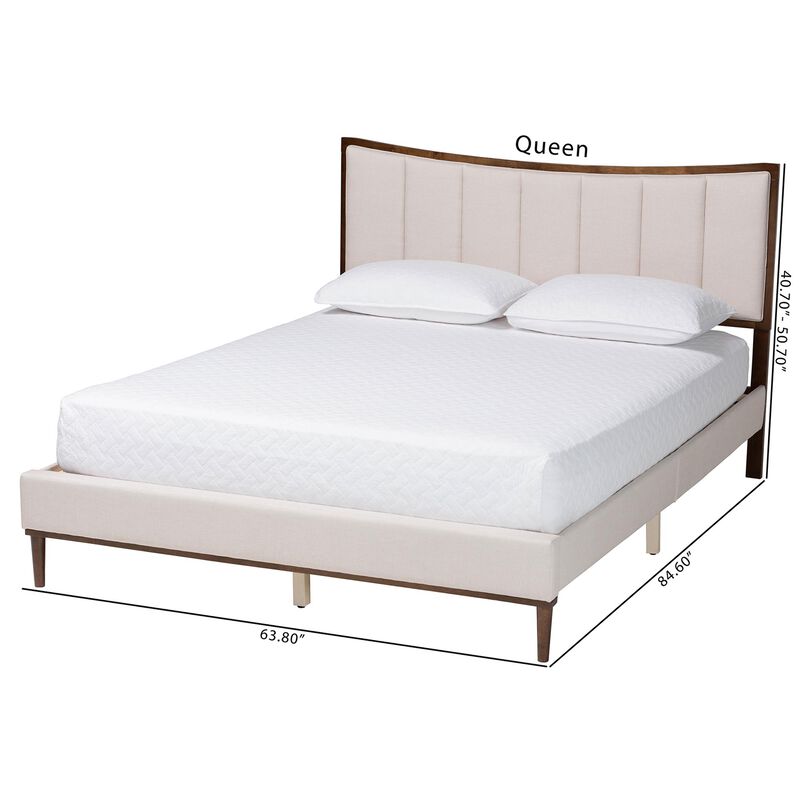 Baxton Studio Nikolai Mid Century Channel Tufted Beige Fabric and Wenge Brown Wood Queen Bed