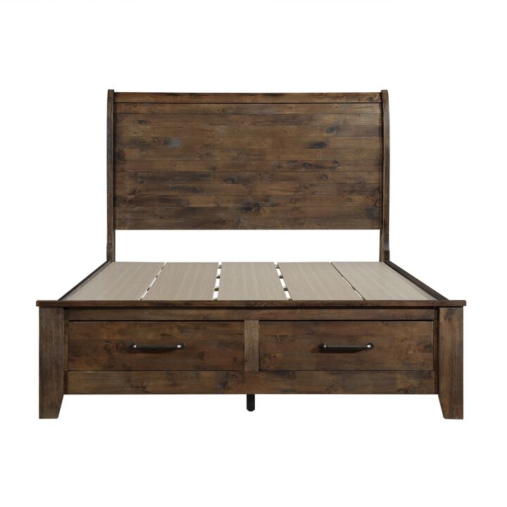 Rick Queen Size Platform Bed, Sleigh, 2 Footboard Storage, Brown Rubberwood - Benzara