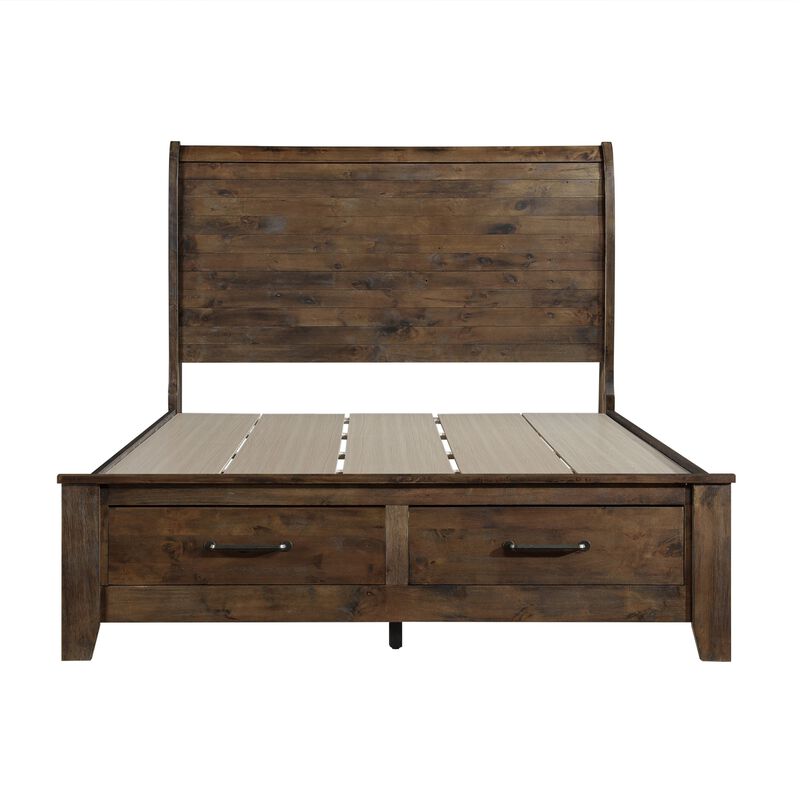 Rick Queen Size Platform Bed, Sleigh, 2 Footboard Storage, Brown Rubberwood - Benzara