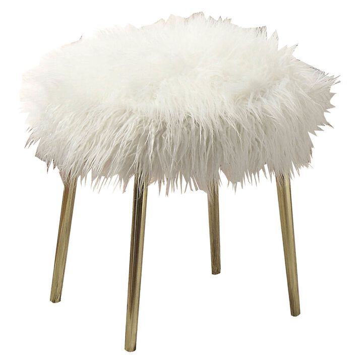 Faux Fur Upholstered Contemporary Metal Ottoman, White and Gold-Benzara