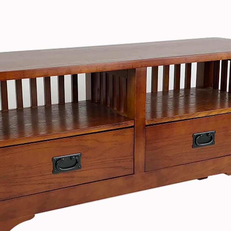 Wooden TV Stand with 2 Open Shelves and Slatted Back, Oak Brown-Benzara