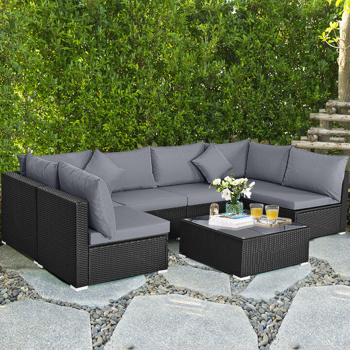 7-Piece Outdoor Sectional Wicker Patio Sofa Set with Tempered Glass Top