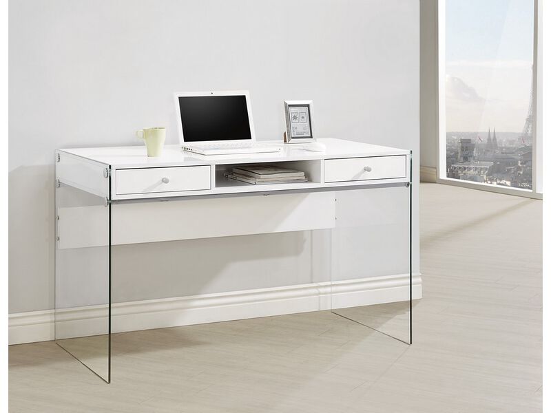 Contemporary Metal Writing Desk with Glass Sides, Clear And White - Benzara