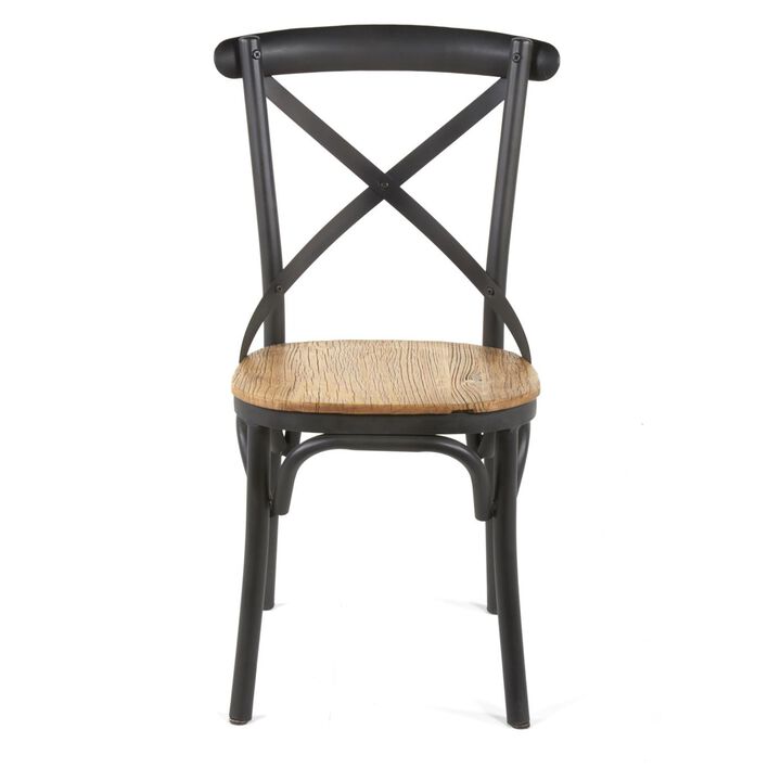 Vaya Dining Side Chair Set of 2, Rustic Cross Back, Black Iron Frame - Benzara