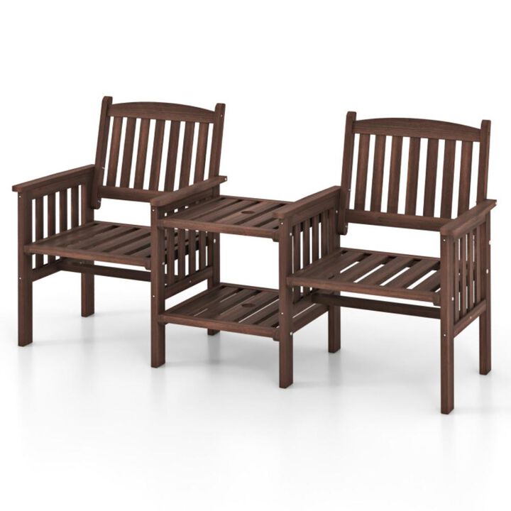 Hivvago Outdoor Fir Wood Loveseat with 2-Tier Side Table and 1.96" Umbrella Hole