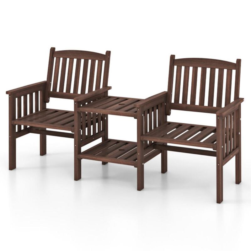 Hivvago Outdoor Fir Wood Loveseat with 2-Tier Side Table and 1.96" Umbrella Hole