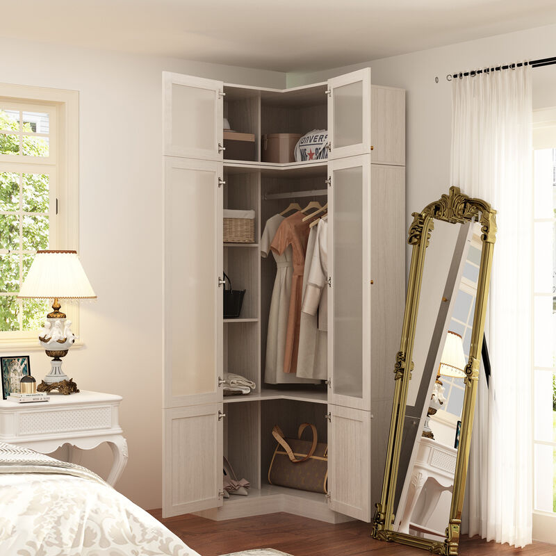 FUFU&GAGA Corner Wardrobe Closet with Frosted Glass Doors and Shelves for Bedroom (86.6" H x 35.4" W x 35.4" D) Brown