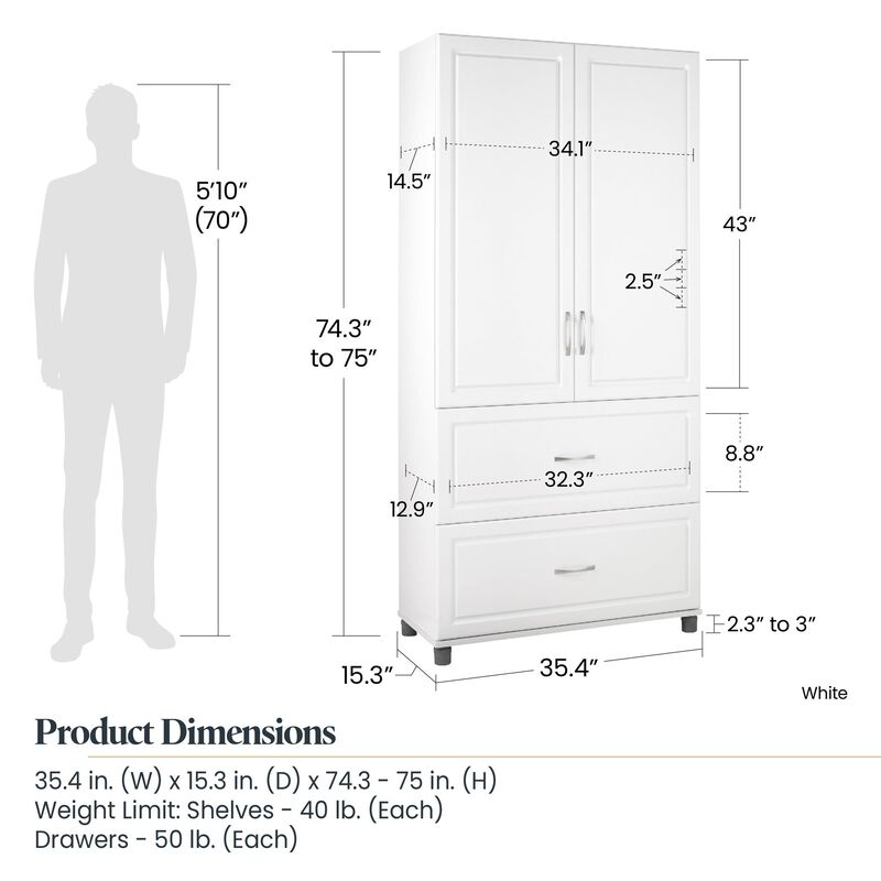 Kendall 36" 2 Door/2 Drawer Storage Cabinet, White