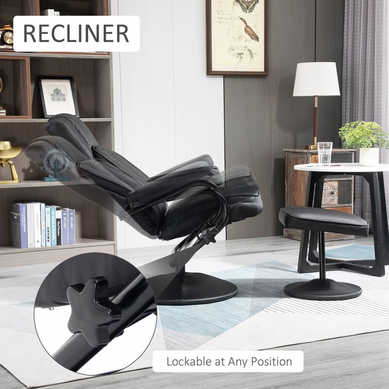 Black Living Room Set: Swivel Recliner with Ottoman in PU Leather