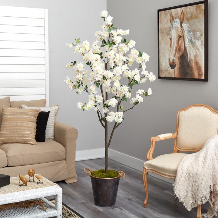 Hivvago 6 Feet Cherry Blossom Artificial Tree in Decorative Metal Pail with Rope