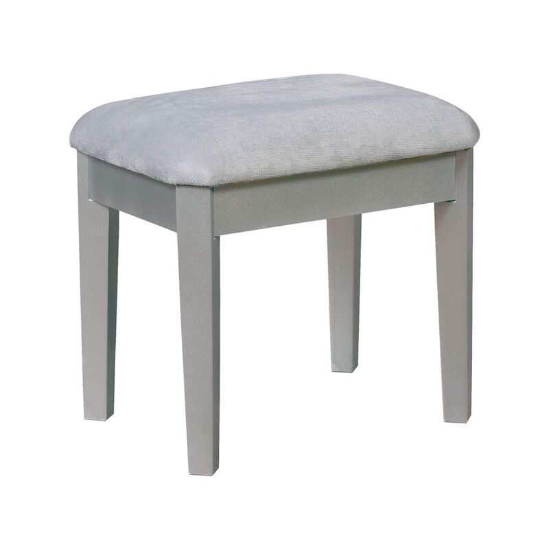 43 Inch Vanity Desk with Stool, Drawers, 3 Sided Mirrors, Silver Wood Frame - Benzara