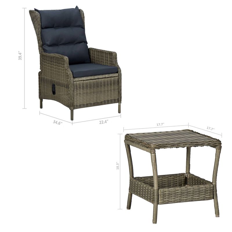 3pc Outdoor Lounge Chair Set with 1 End Table, Black, Brown Rattan - Benzara