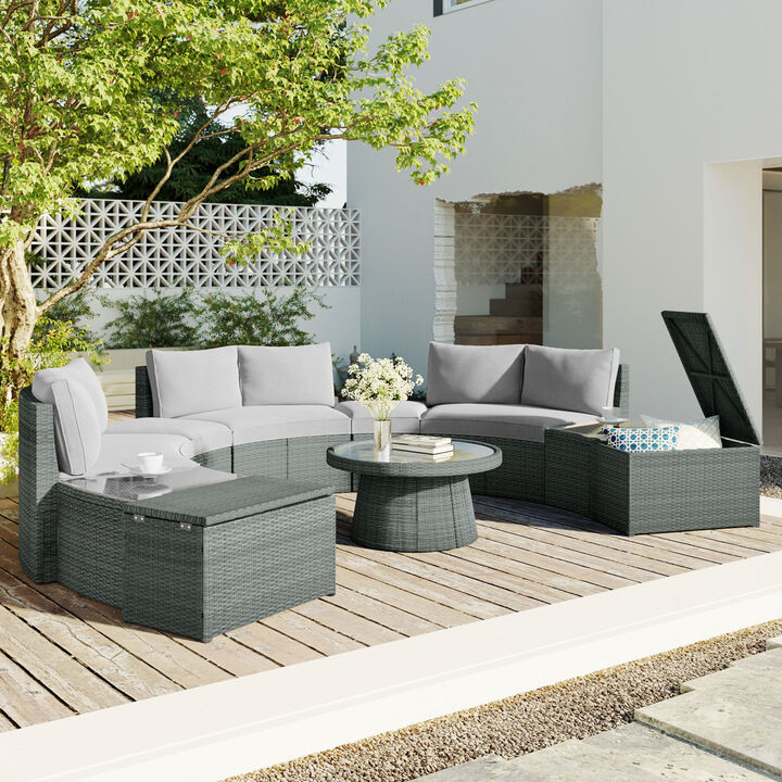 10-Piece Outdoor Sectional Half Round Patio Rattan Sofa Set, PE Wicker Conversation Furniture