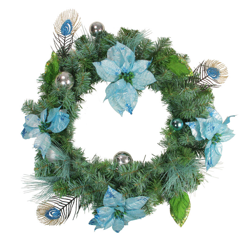 Peacock Poinsettia Artificial Christmas Wreath - 24-Inch  Unlit